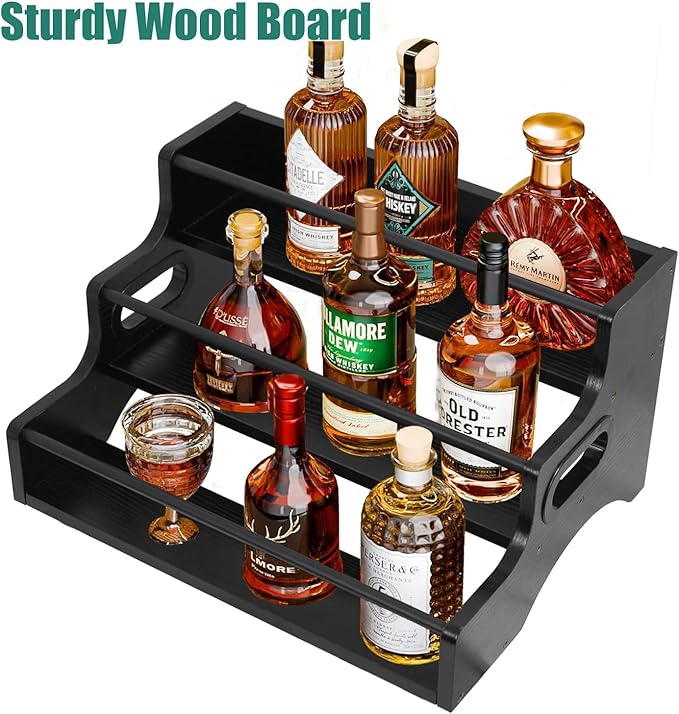 AT-VALY 3-Tier Spice Rack, Iron&MDF Kitchen Storage Shelf, Space-Saving Countertop Organizer for Spices, Herbs, Seasonings, Sturdy Stylish Condiment Holder,Countertop Wine Rack (Black Grain)