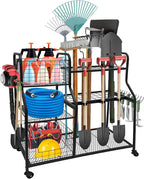 Garden Tool Organizer for Garage, 3 Tier Yard Tool Organizer and Storage Holder with Wheels, Utility Garden Tool Rack with Storage Basket for Garden, Yard, Shed, Garage, Basement