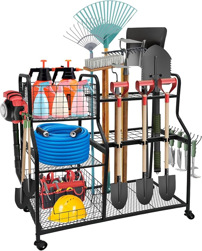 Garden Tool Organizer for Garage, 3 Tier Yard Tool Organizer and Storage Holder with Wheels, Utility Garden Tool Rack with Storage Basket for Garden, Yard, Shed, Garage, Basement