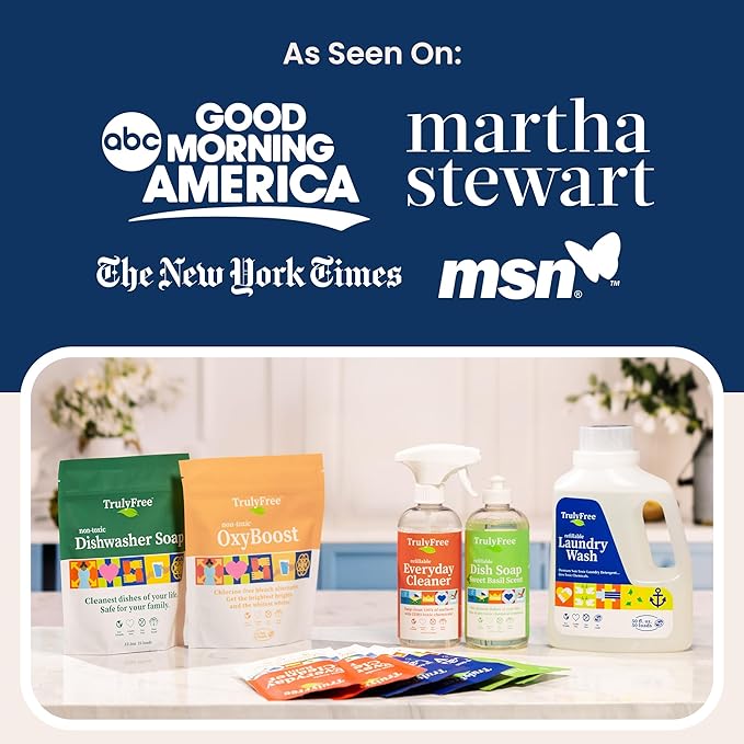 Truly Free All Natural Non-Toxic Bathroom Cleaner Spray, Organic Bath & Tile Cleaning Solution for Toilet, Sink, Tub & Shower, Refillable 2-Pack with 16oz Bottle + 2 Refill Pouches