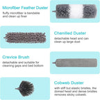 12pcs Microfiber Dusters, Duster with Extension Pole(Stainless Steel) 30 to 100'', Washable Dusters, Bendable Extendable Long Feather Duster for Cleaning Fan, High Ceiling, Blinds, Furniture, Cars