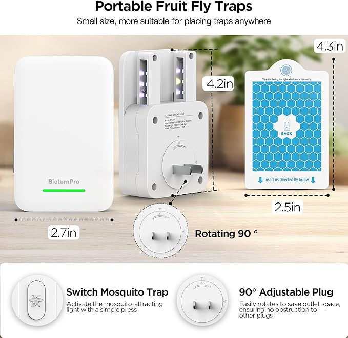 Fly Traps Indoors(2 Device+10 Refills), Gnat Traps for House Indoor, 3-in-1 UV/Blue/Yellow Light Plug-in Flying Insect Catcher Bug Zapper, Fruit Fly Killer, NAT Killer, Get Rid of Gnat Infestation