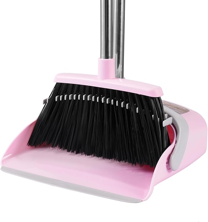 Broom and Dustpan Set, 54” Long Adjustable Handle Broom with Dustpan Combo Set Heavy Duty with Dust Pan Teeth to Clean Hair for Home Lobby Office (Medium Pink)