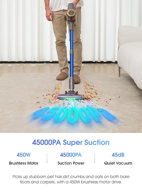 UNINELL HOME Cordless Vacuum Cleaner,45000Pa/450W Vacuum Cleaners for Home with 60Mins Runtime,Lightweight Anti-Tangle Stick Vacuum,Wall-Mount Charging,Vacuum Cordless with Attachments for Pet Hair
