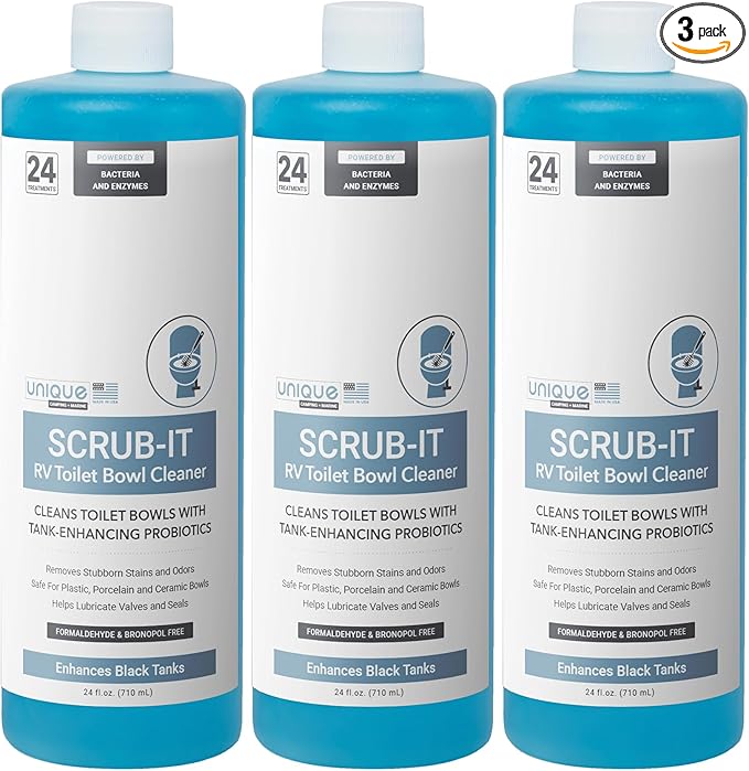 Unique Scrub-It RV Toilet Bowl Cleaner Liquid - Removes Odors, Stains and Debris - Safe on All Toilet Types 24 oz (3-Pack) Packaging May Vary