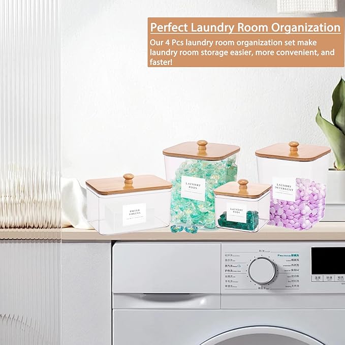 4 Pack Laundry Pods Container,Clear Dryer Sheet Holder & Laundry Room Organization and Storage with Lids, Scoops & Labels for Laundry Detergent, Powder, Dryer Balls, Beads (Clear)