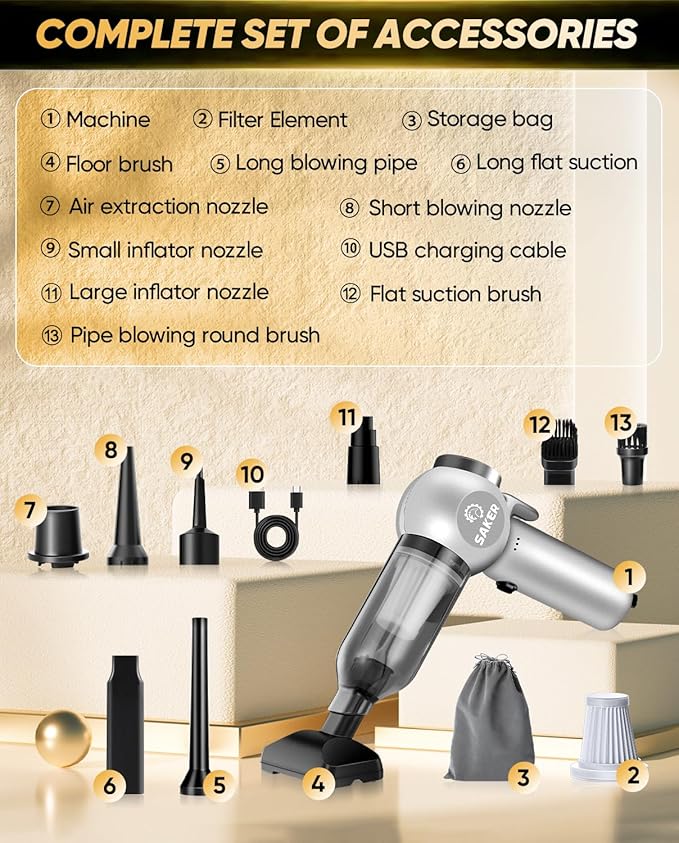 Saker Car Vacuum Portable 6-in-1 Handheld Cordless Vacuums, 20000PA Suction, 7800mAh Blower, Window Breaker, Seatbelt Cutter for Car, Home & Office Cleaning SW102 Silver