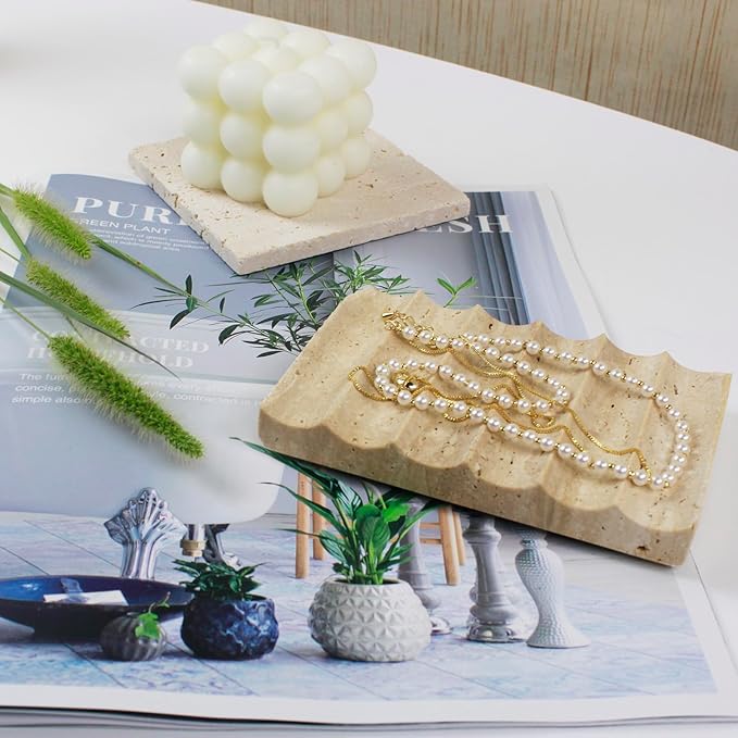 Elegant Natural Marble Soap Dish – Zen Stone Soap Tray – Rectangle Non-Slip Soap Holder for Bathroom and Kitchen - Jewelry Display Dish (Beige Travertine)