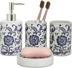 Chinese Blue and White Porcelain Bathroom Set – 4-Piece Ceramic Bath Accessory Set with Lotion Dispenser, Toothbrush Holder, Tumbler, and Soap Dish