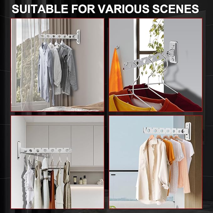 ACNISM Wall Mounted Clothes Rack, Laundry Hanger Wall Mount, Retractable & Foldable Drying Rack with 180° Rotation, Space-Saver for Laundry Room & Bedroom, Bathroom Closet Storage, 2-Pack, Silver