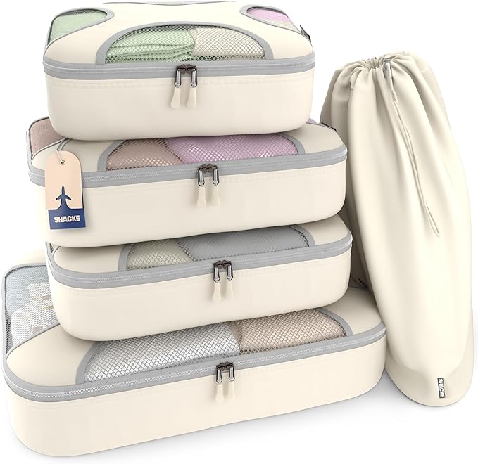 Shacke Premium 5 Packing Cubes Set - Lightweight Mesh Travel Luggage Organizers with Laundry Bag, 5-Piece Suitcase Storage System (Sand)