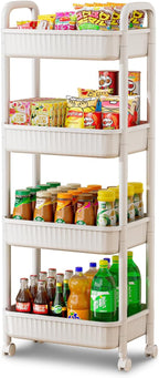 JOYZAN 4 Tier Rolling Carts with Wheels, Utility Cart with Handle and Locking Caster, Storage Cart for Kitchen, Office, Bedroom, Suitable for Diaper, Art Tools, Snack, Craft Storage Cabinet, White