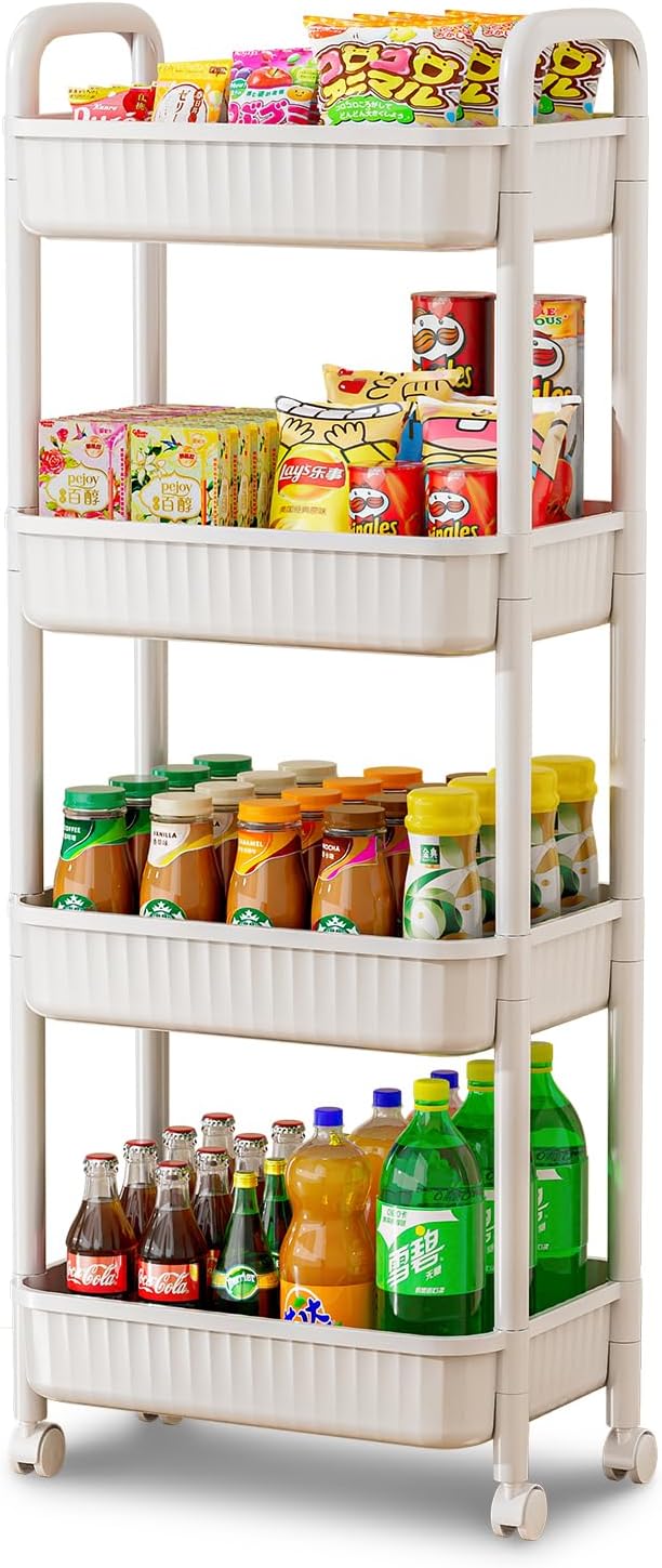 JOYZAN 4 Tier Rolling Carts with Wheels, Utility Cart with Handle and Locking Caster, Storage Cart for Kitchen, Office, Bedroom, Suitable for Diaper, Art Tools, Snack, Craft Storage Cabinet, White
