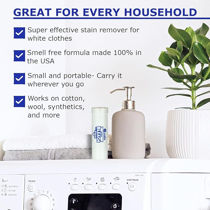 Solid Bleach in a Stick - Concentrated and Natural Stain Remover Solution for White Clothing - Pocket Bleaching Tube for Dirty Spots | Household and Travel Cleaner Essentials | By Cadie 3 Pack