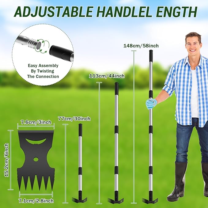 Weed Puller Tool with Long Handle – 2-in-1 Handle Garden Hoe and Weed Rake, Hoe Garden Tool for Home Gardens, Lawns, and Yards