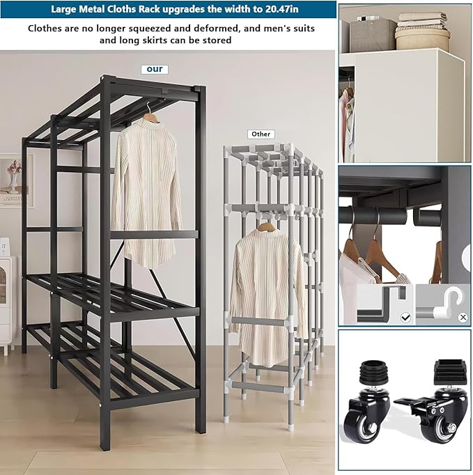 Heavy Duty Covered Clothes Rack with Magnetic Door Foldable Portable Wardrobe Closet for Hanging Clothing Rolling Black Metal Garment Rack on Wheels Closet System (White, 65.9in)