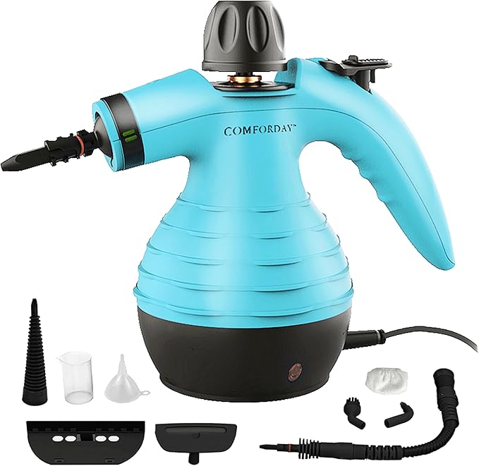 Comforday Multi-Purpose Handheld Pressurized Steam Cleaner with 9-Piece Accessories, Handheld Steamer Perfect for Stain Removal, Curtains, Car Seats, Floor, Bathroom, Window Cleaning (Light blue)