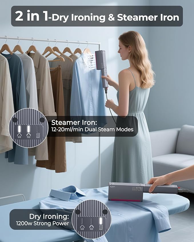 1200W Travel Steamer for Clothes Portable Mini, Dual Voltage, Small Foldable Clothes Steamer and Iron, Compact Garment steamer,15s Fast Heat-Up, Pluggable Cable, Worldwide Travel (110-220V)