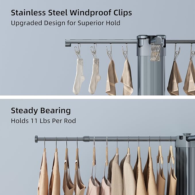 BIREN Clothes Drying Rack Foldable Extending Laundry Rack with 16 Clips Collapsible Clothing Rack Space-Saving Clothing Racks for Hanging Clothes, Indoor, Camping, Balcony, Outdoor