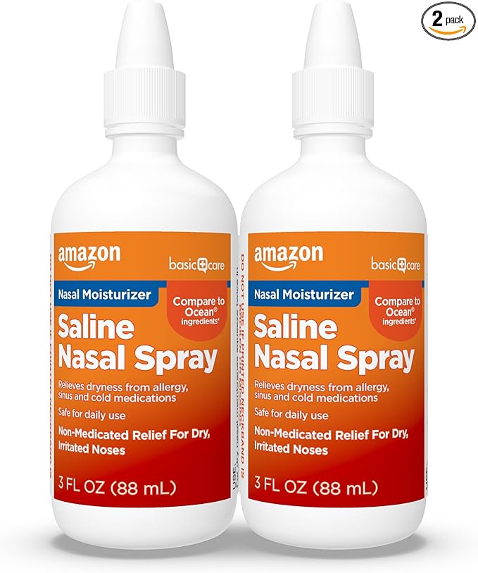 Amazon Basic Care Premium Saline Nasal Moisturizing Spray, Instantly Soothing Nasal Mist Nose Spray, Non-Medicated Relief, 3 fl oz (Pack of 2)