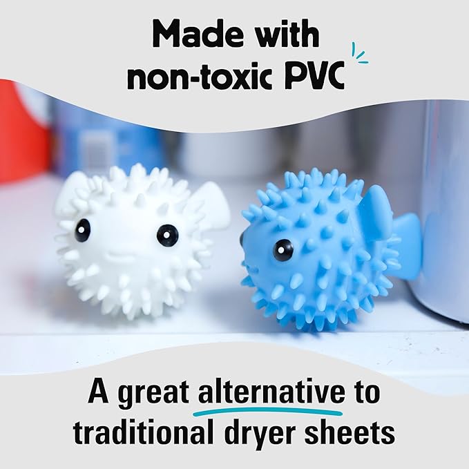 Kikkerland Set of Two Reusable Dryer Buddies for Laundry – Fabric Softener Dryer Balls – Control Static, Remove Wrinkles, Dry Clothes Faster, Puffer Fish