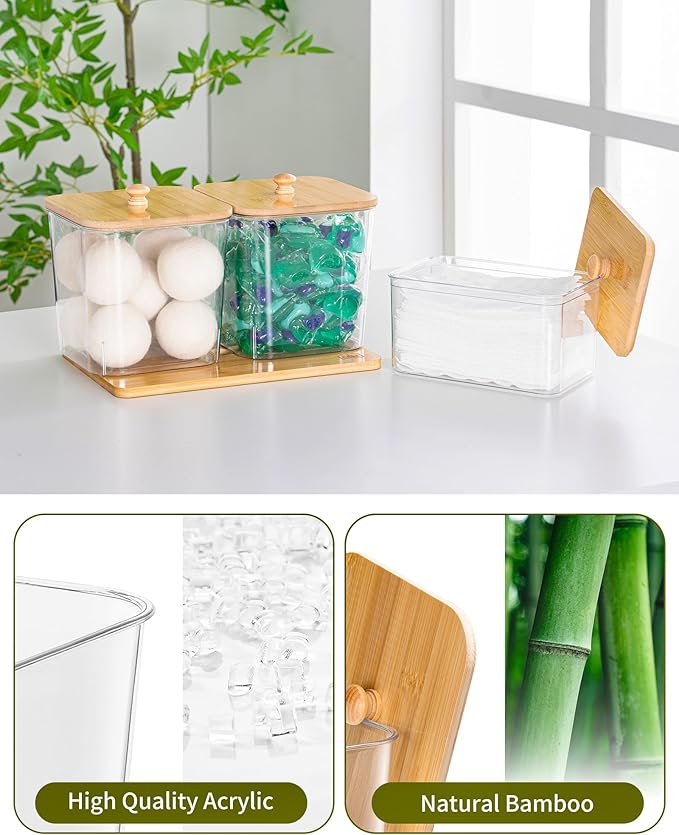 Trash Bag Dispenser Dishwasher Pod Holder - 5 in 1 Plastic Garbage Bag Under Sink Organizer, Acrylic Dryer Sheet Balls Laundry Pods Container with Bamboo Lid, Pantry Organizers and Storage Box
