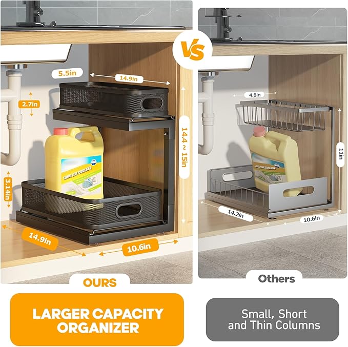 2-Pack Under Sink Storage Organizer with 2-Tier Slide Out Drawer, Sophisticated Mesh Pull Out Shelf for Kitchen & Bathroom, Fits Small Items, Upgraded Arched Track for Smooth Gliding-Black