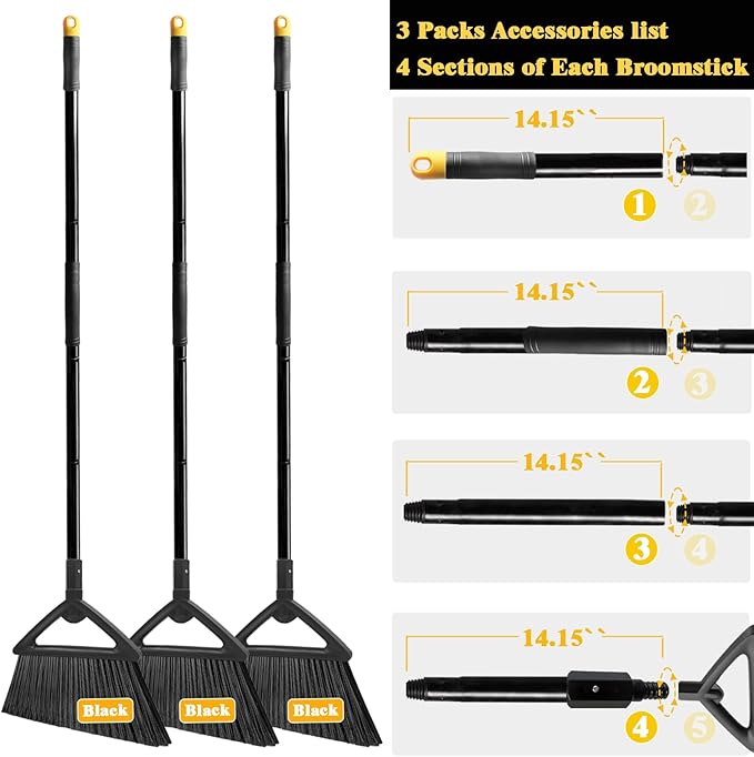 Heavy Duty Commercial Broom, 3 Pack Upgraded Angle Brooms for Sweeping Outdoor and Indoor, Perfect Black Brooms of House, Kitchen, Garage, Courtyard, Concrete