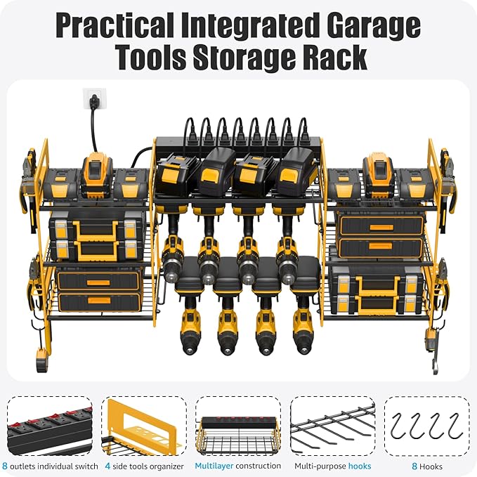CCCEI Yellow Power Tool Organizer Wall Mount, Large Tools and Battery Storage Rack Charging Station Individual Switches. Drills Holder, Garage Utility Shelves with 6FT Power Strip. Gift for Men.