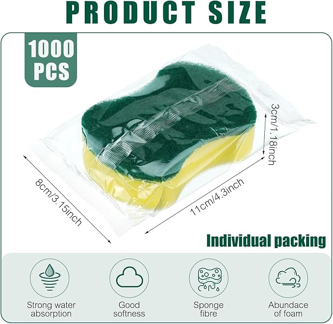 Tanlade 1000 Pcs Individually Wrapped Sponges Kitchen Bulk Non Scratch Scouring Sponges for Dishes Household Cleaning Travel Apartments Hotel Car (Yellow Green)