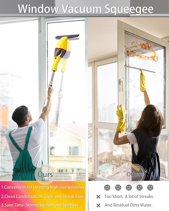 Electric Window Vacuum Squeegee Cordless with Telescoping Handle, Window Steam Cleaner Squeegee, Rechargeable Window Vac, Battery Powered Squeegees for Windows, Mirror and Glass, Window Cleaning Tool
