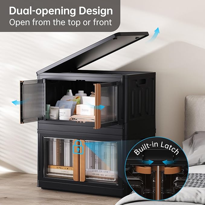 HAIXIN Storage Bins with 6 Lids - 8.4 Gal Closet Cabinet 6 Pack Plastic Stackable Organizers with Front Opening Door Black Foldable Storage Box for Home Garage Office Craft