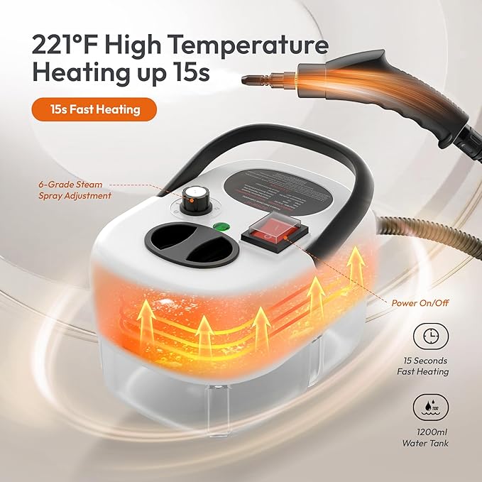 Steam Cleaner for Home, 2500w Steamer for Cleaning, 1200ml Water Tank, High Pressure Steam Cleaner Handheld, Fast Heating Handheld Steamer, Portable Steamer for Windows, Kitchen, Bathroom, Tile-White