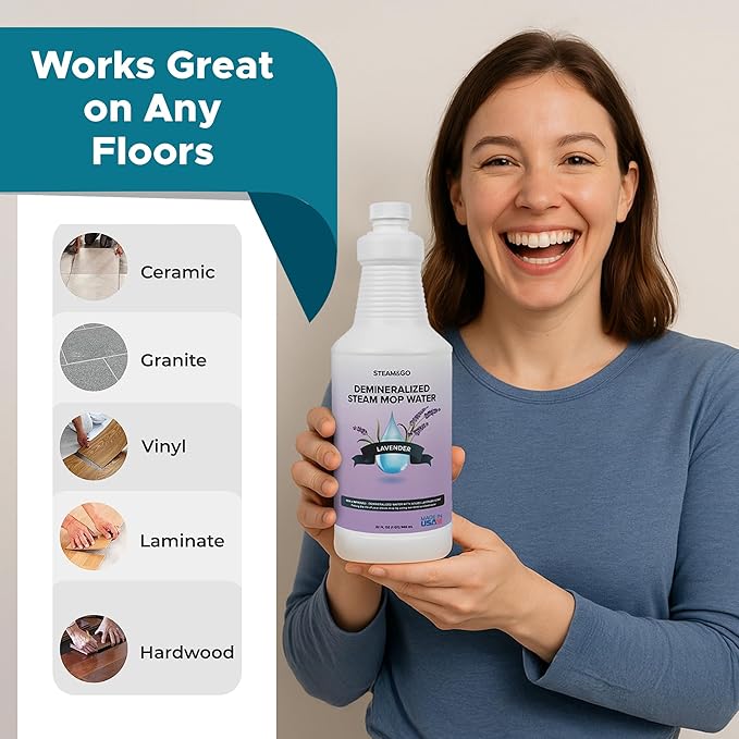 Steam & Go Demineralized Water for Steam Cleaner - PVC-Free Floor Cleaning Solution Compatible for All Steam Mops - Multi-Surface Cleaner for Home Surfaces - Lavender Scent, 32 oz (Pack of 18)