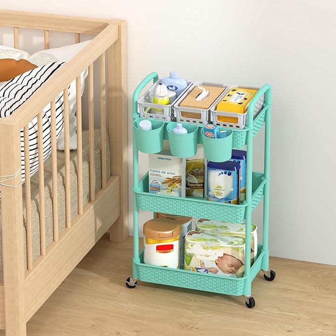 MOYIPIN 3-Tier Plastic Rolling Utility Cart with Handle,Utility Storage Cart for Office, Living Room, Kitchen,Movable Storage Organizer Shelves,Turquoise with 3 Hanging Cups