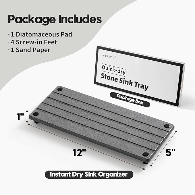 Instant Dry Sink Caddy Kitchen Sink Organizer, Quick Drying Stone Tray Diatomite Sponge Holder Soap Dish, Bathroom Countertop Fast Dry Water Absorbing Vanity Rack, Dark Gray,12" x 5"