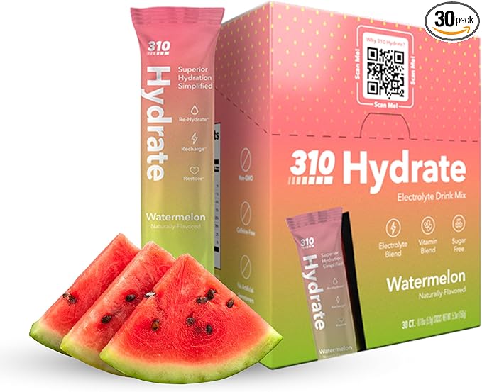 310 Nutrition Sugar Free Electrolytes Powder - Instant Hydration Packets for Daily Fluid Balance - Caffeine-Free Rehydration Drink Mix w/ Vitamins, Low Calorie & Keto Friendly - Watermelon 30 Singles