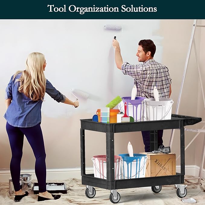 Heavy Duty Cart Utility Cart, Heavy Duty Rolling Service with Wheels, 500lbs Load Capacity, Durable Plastic & Deep Shelves for Warehouse, Garage, Cleaning - Swivel Wheels Easy Maneuverability