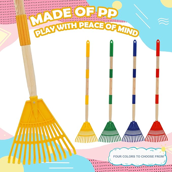 Kids Leaf Rake - 3-Section Adjustable Handle, Lightweight, Wood & Plastic, Small Garden Tool for Children (Yellow)