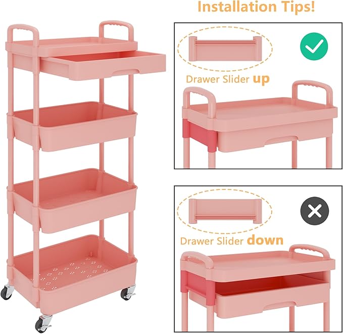 Calmootey 4-Tier Rolling Utility Cart with Drawer,Multifunctional Storage Organizer with Plastic Shelf & Metal Wheel,Storage Cart for Kitchen,Bathroom,Living Room,Office,Pink