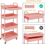 Calmootey 4-Tier Rolling Utility Cart with Drawer,Multifunctional Storage Organizer with Plastic Shelf & Metal Wheel,Storage Cart for Kitchen,Bathroom,Living Room,Office,Pink