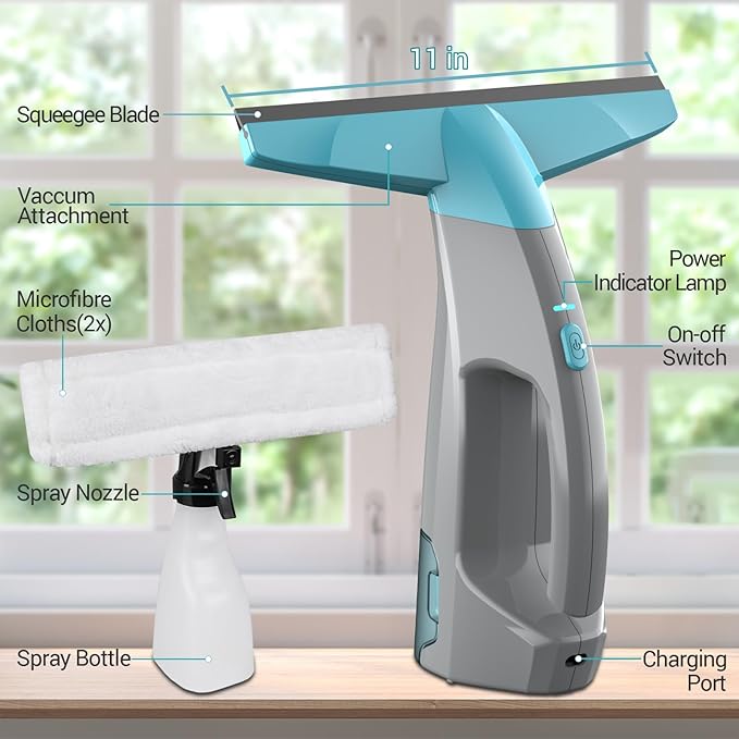 Window Vacuum, Power Window Squeegee 11", Rechargeable Window Vac with Spray Bottle, Electric Cleaning Tool for Showers, Mirrors, Glass, 2200mA, 200ml Water Tank