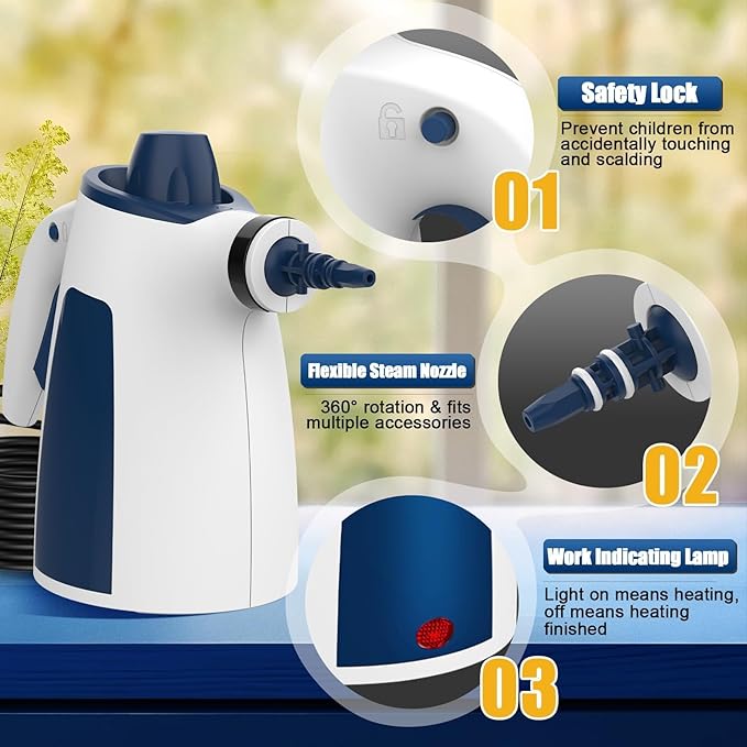 Powerful High-Pressure Steam Cleaner for Home, One-Touch Handheld Steam Cleaner with Safety Lock,9PCS Attachments, 350ML Steamer for Deep Cleaning Tile, Grout, Windows, Shower, Car, bathrooms,Kitchens
