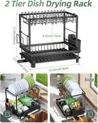 Dish Drying Rack, 2 Tier Space-Saving Dish Rack, Multifunctional Dish Drainer for Kitchen Counter with Drainboard/Utensil/Cup Holder Rustproof Carbon Steel, Black