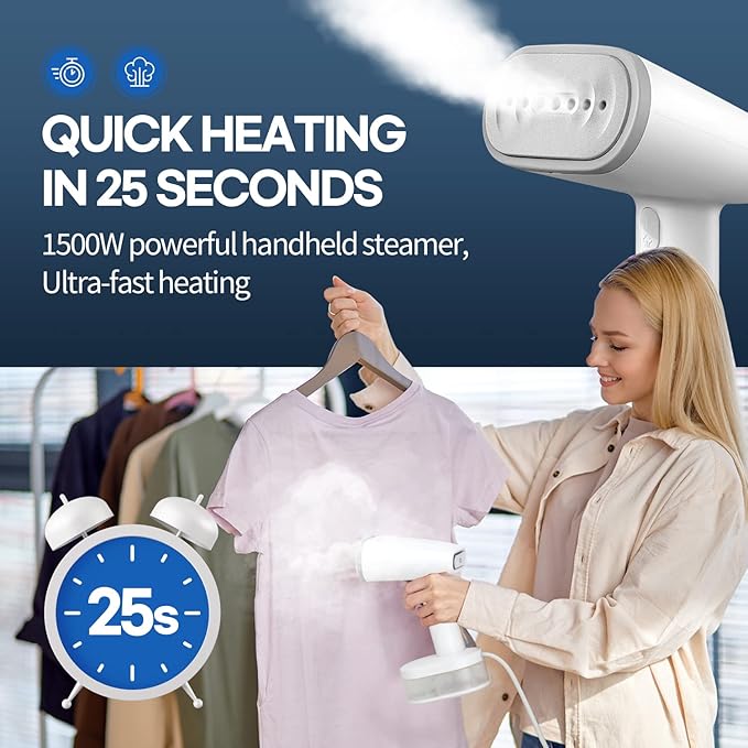 HubiCare Steamer for Clothes, 1500W Clothes Steam iron with Large 250ml Tank, Handheld Fabric Wrinkle Remover, Portable & Compact Travel Size Garment Steamer ONLY FOR 120V (White)