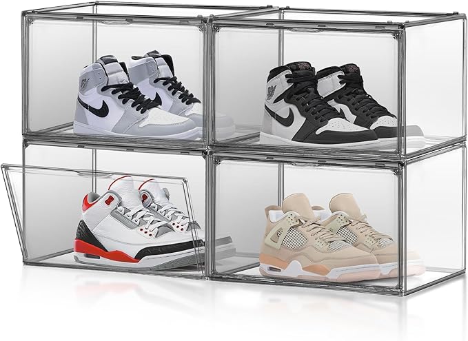 4 Pack Clear Shoes Storage Box Organizer Acrylic Sneaker Shoe Display Case Stackable Storage Organizer with Lid,Black Size 14