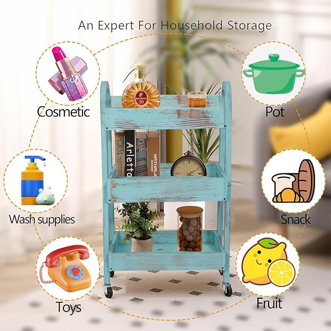 3-Tier Rolling Utility Cart with Lockable Wheels Storage Slim Storage Heavy Duty Cart Mobile Shelving Unit Craft Narrow Organizer for Bathroom Laundry Kitchen (Vintage Blue)