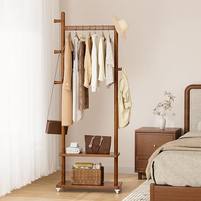 Coat Rack Freestanding Clothing Rack with Wheels & 2 Shelves Storage & 5 Hooks Heavy Duty Clothes Rack Wood Coat Tree Stand Hat Hanger Rack for Corner Bedroom Entryway Living Room Hotel Size L