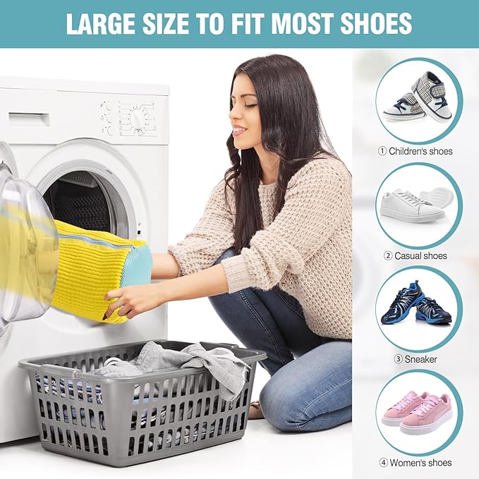 XXL Shoe Washing Machine Bag, 1 Pack Laundry Shoe Bag for Washer and Dryer, Sturdy Zipper with Hook Design, Dry Net Bag Included, Reusable for Sneaker, Tennis, Yellow 1PCS