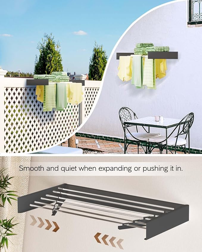 Wall Mounted Clothes Drying Rack 40", Foldable Wall Mount Laundry Rack Folding Indoor, Drying Rack Clothing Collapsible, Hidden Space Saver with Wall Template, 6 Rods, Black